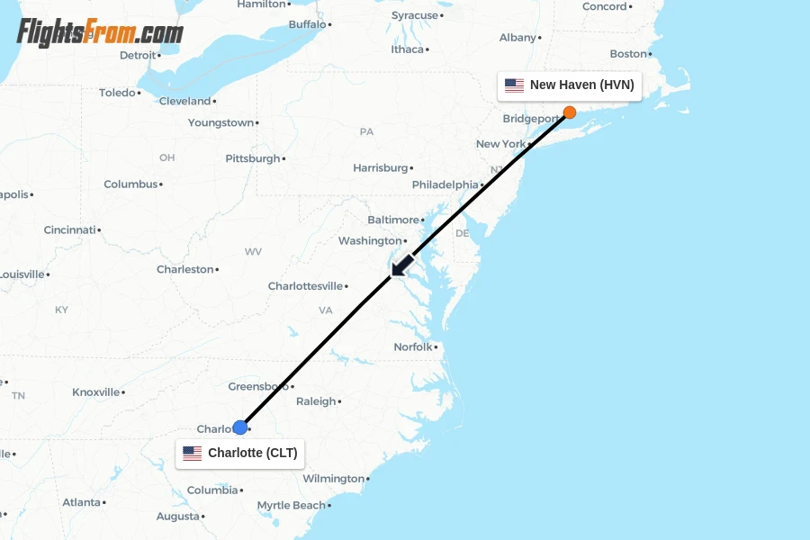 Flights from New Haven to Charlotte route map