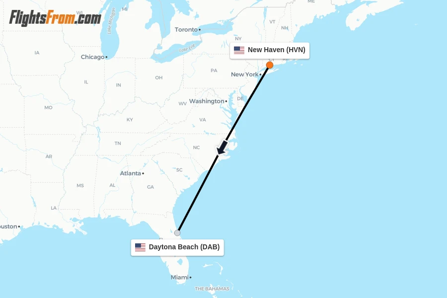 Flights from New Haven to Daytona Beach route map