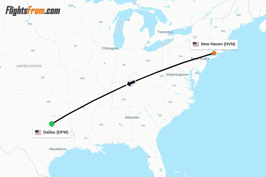 Flights from New Haven to Dallas route map