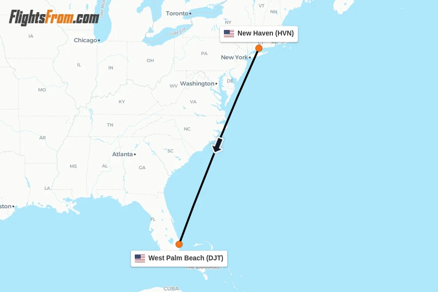 Flights from New Haven to West Palm Beach route map