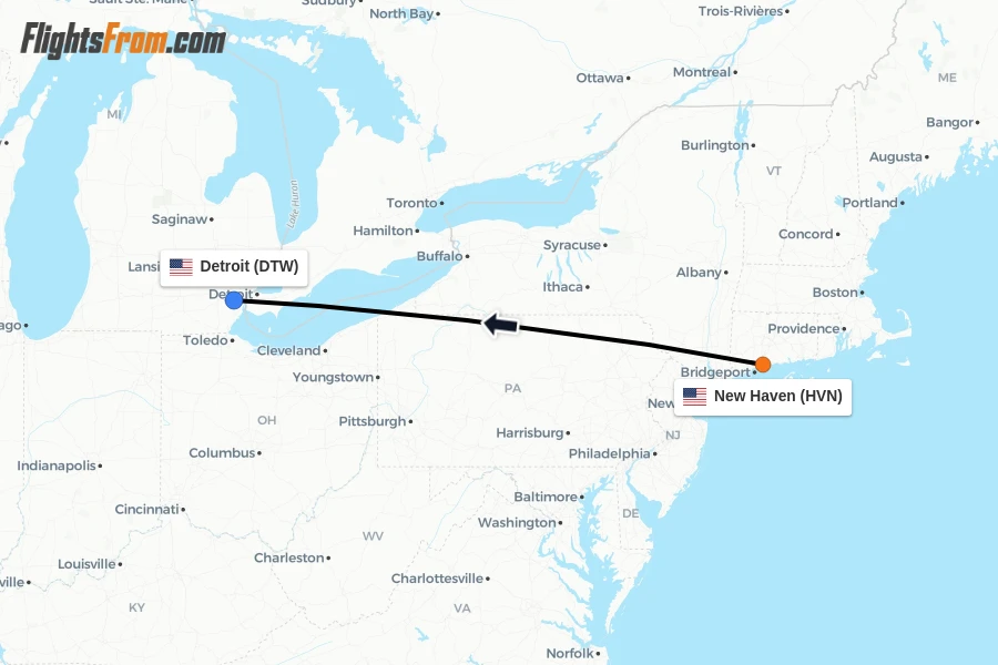 Flights from New Haven to Detroit route map