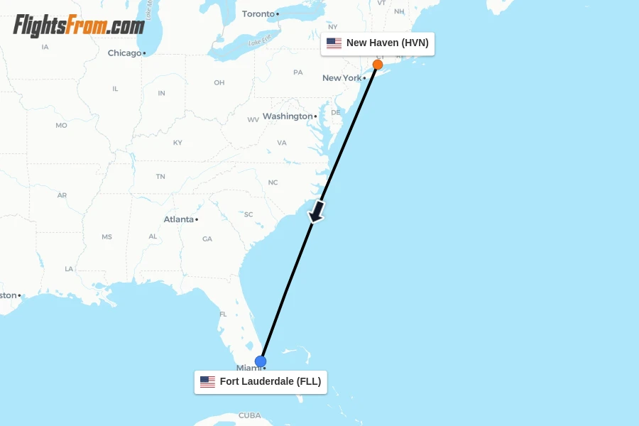 Flights from New Haven to Fort Lauderdale route map