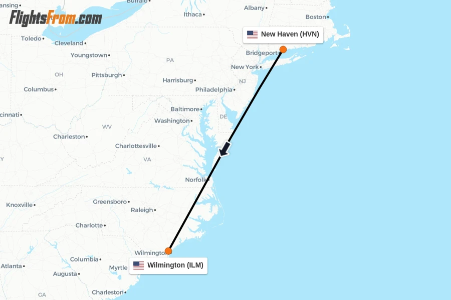 Flights from New Haven to Wilmington route map