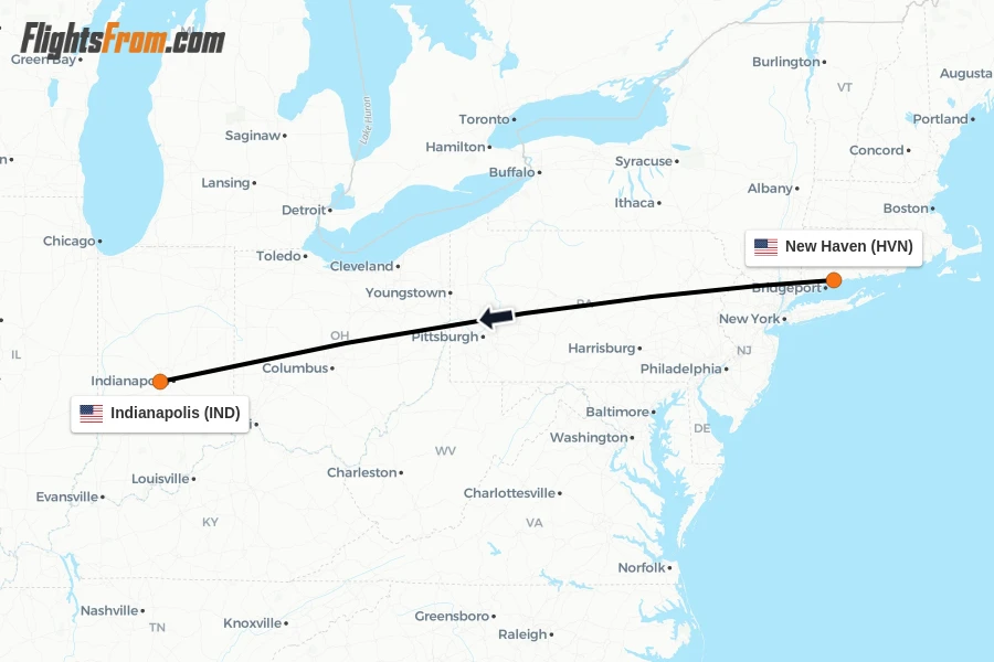 Flights from New Haven to Indianapolis route map