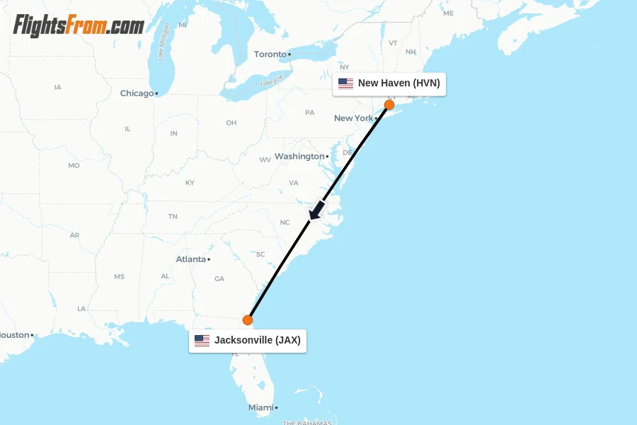 Flights from New Haven to Jacksonville route map