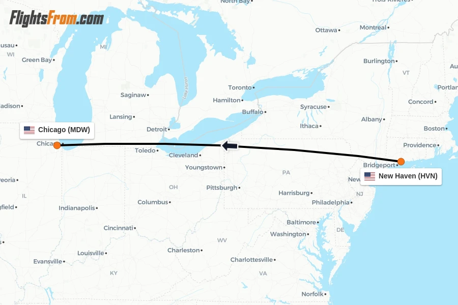 Flights from New Haven to Chicago route map
