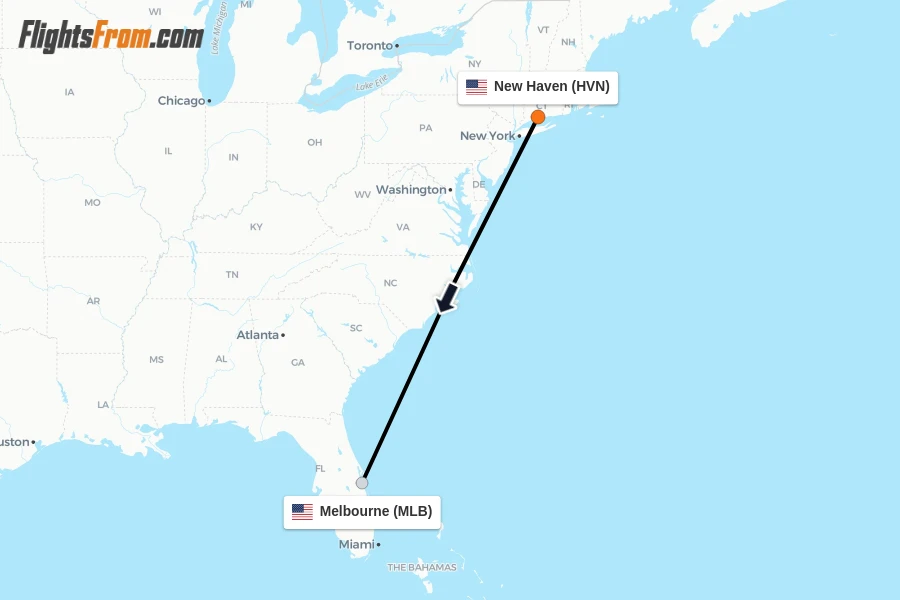 Flights from New Haven to Melbourne route map