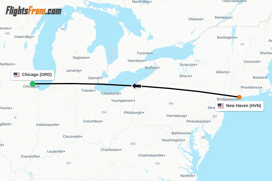 Flights from New Haven to Chicago route map