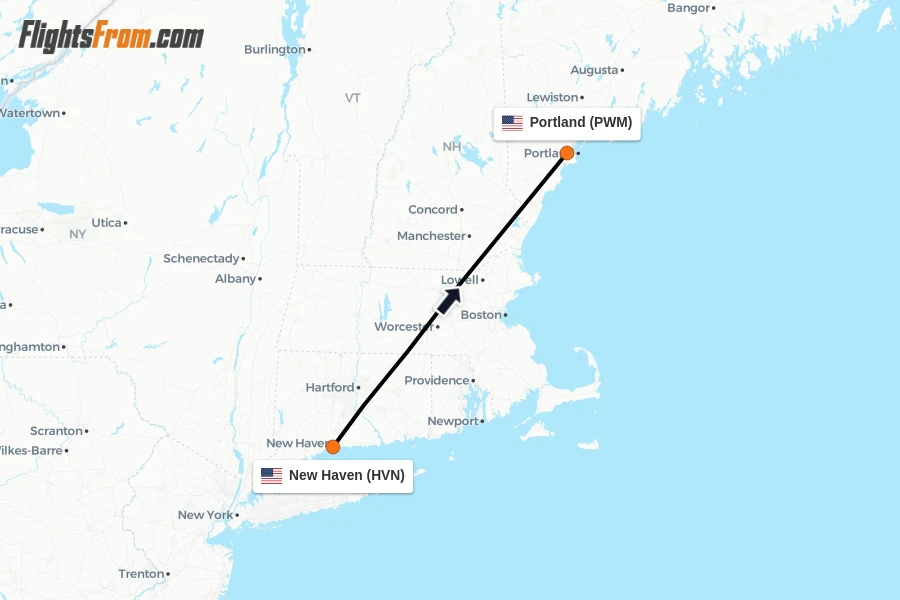 Flights from New Haven to Portland route map