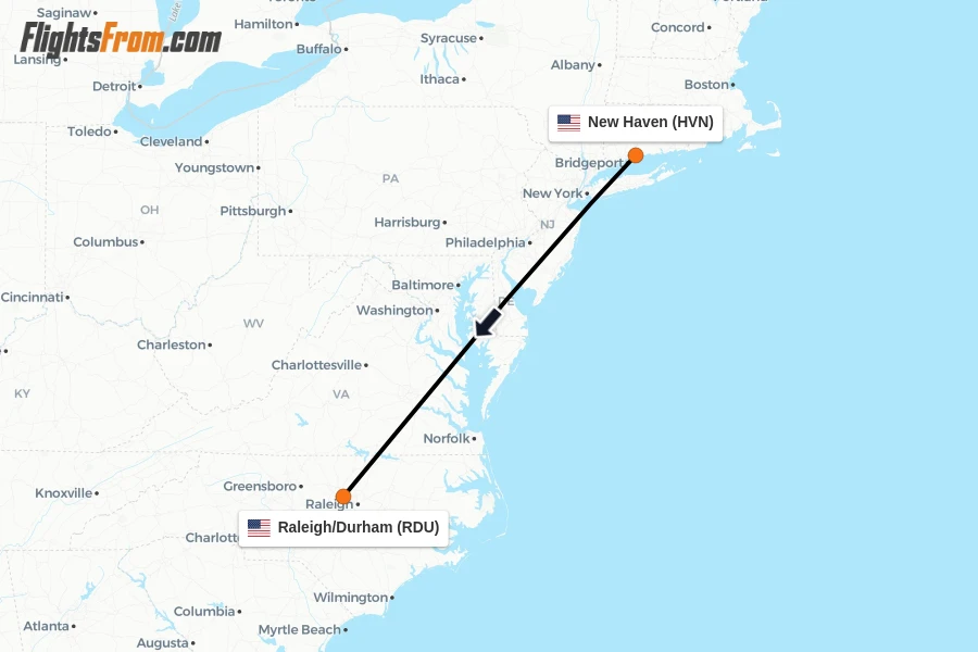 Flights from New Haven to Raleigh/Durham route map