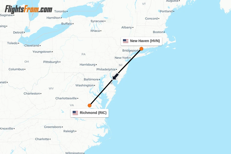 Flights from New Haven to Richmond route map