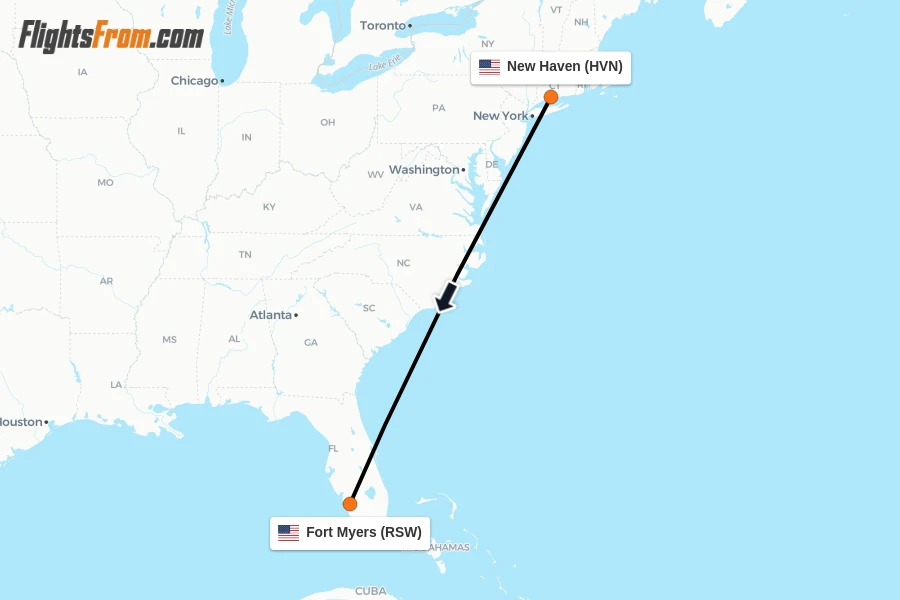 Flights from New Haven to Fort Myers route map