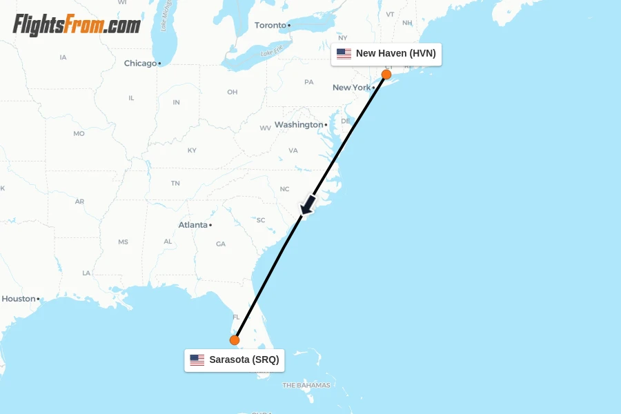 Flights from New Haven to Sarasota route map