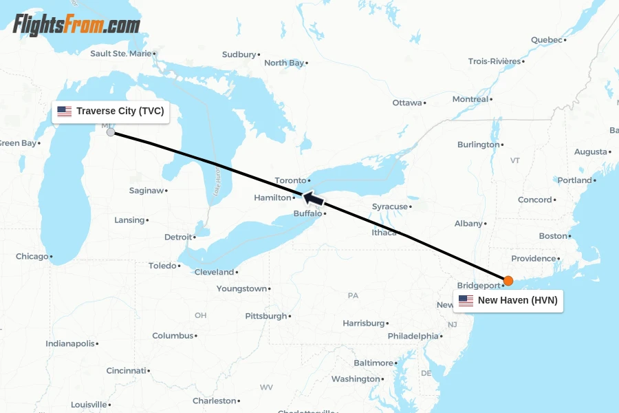 Flights from New Haven to Traverse City route map