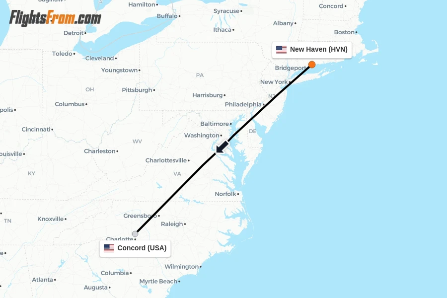 Flights from New Haven to Concord route map