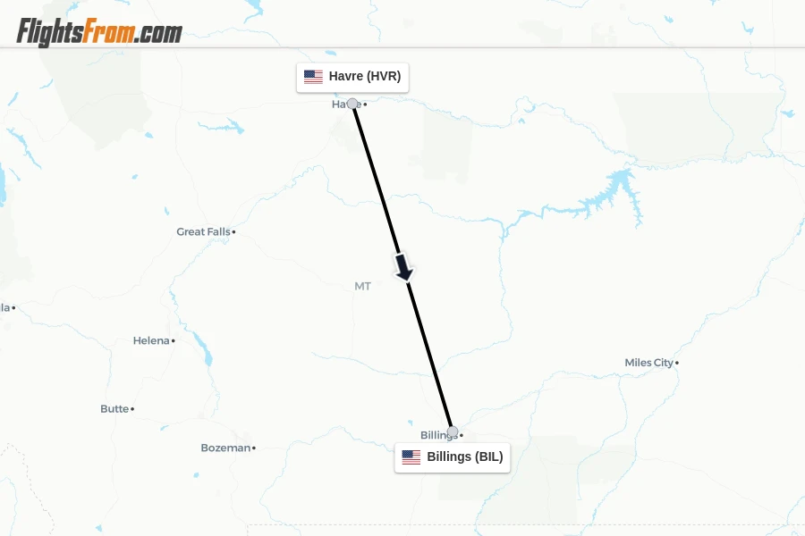 Flights from Havre to Billings route map