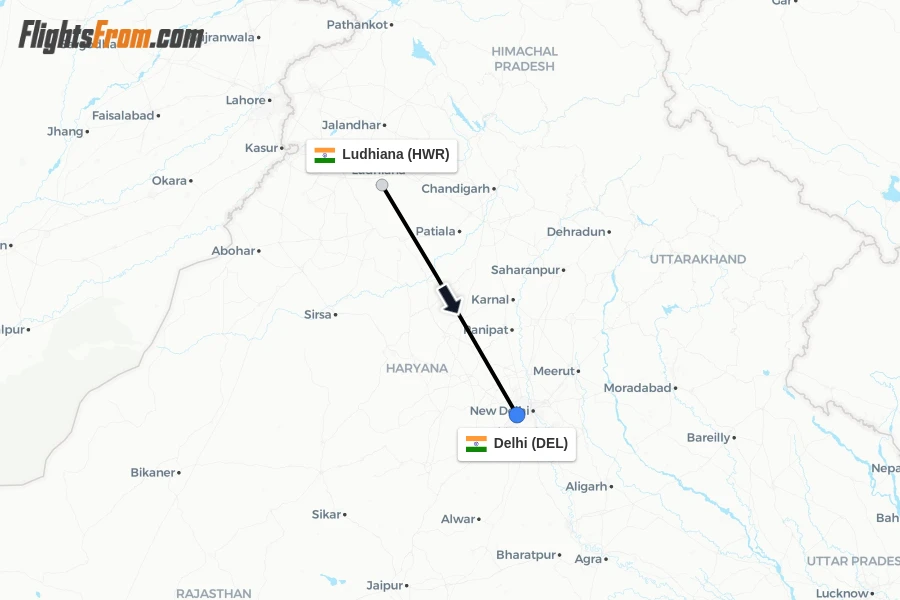 Flights from Ludhiana to Delhi route map