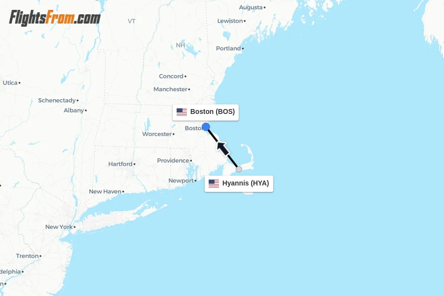 Flights from Hyannis to Boston route map