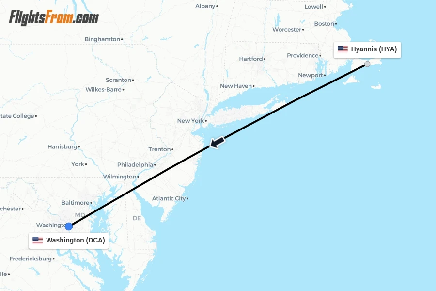 Flights from Hyannis to Washington route map
