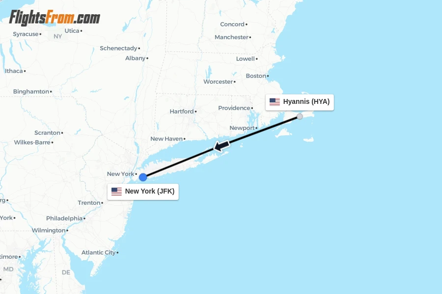 Flights from Hyannis to New York route map