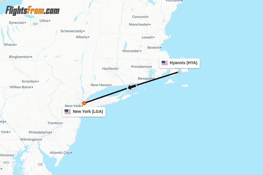 Flights from Hyannis to New York route map