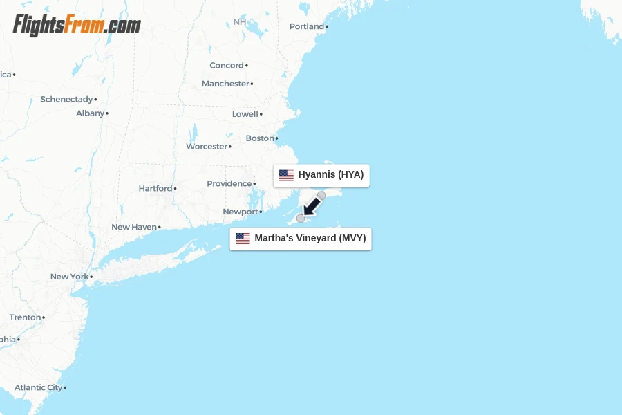 Flights from Hyannis to Martha's Vineyard route map