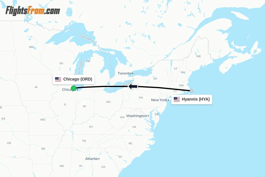 Flights from Hyannis to Chicago route map