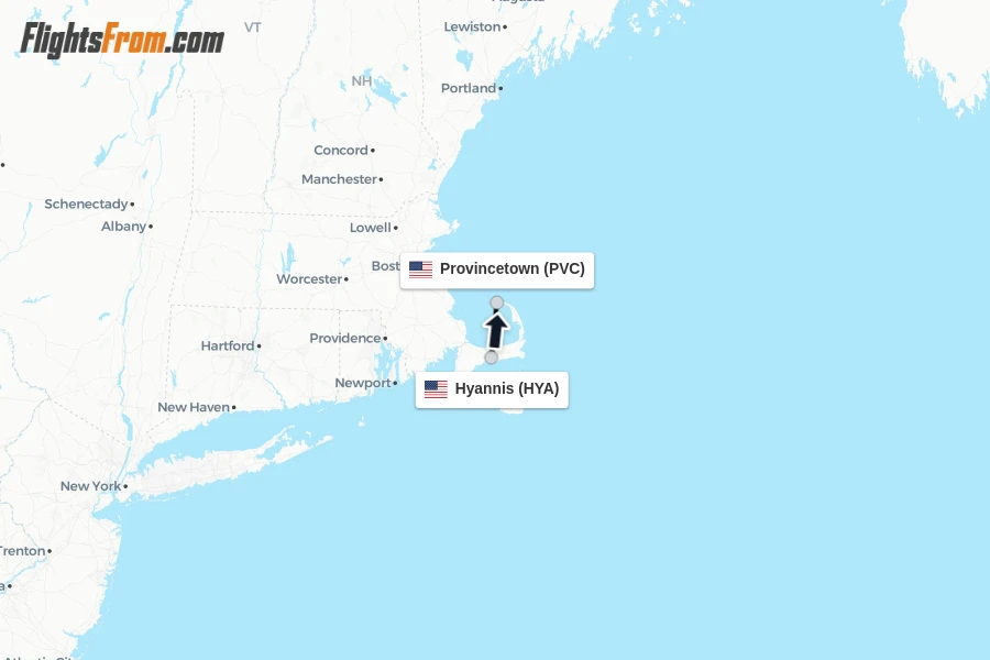 Flights from Hyannis to Provincetown route map