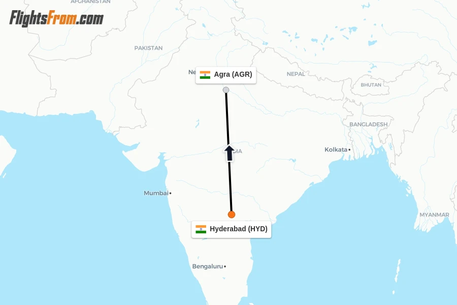 Flights from Hyderabad to Agra route map