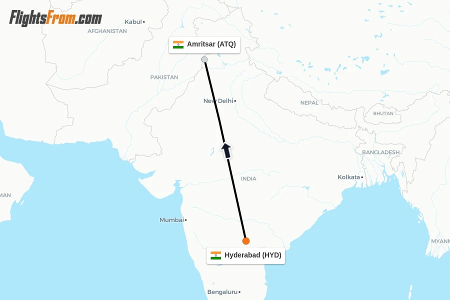 Flights from Hyderabad to Amritsar route map
