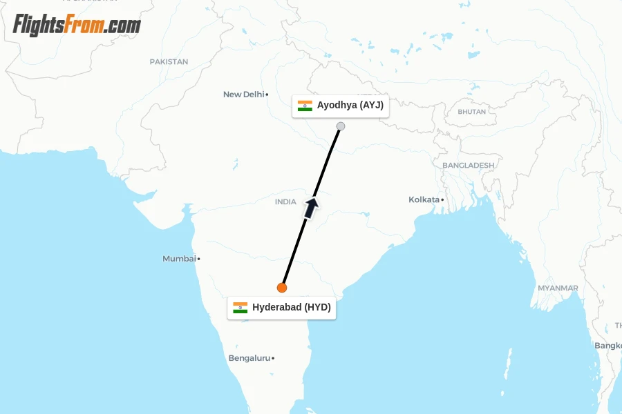 Flights from Hyderabad to Ayodhya route map