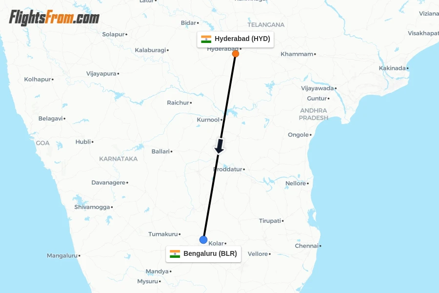 Flights from Hyderabad to Bengaluru route map