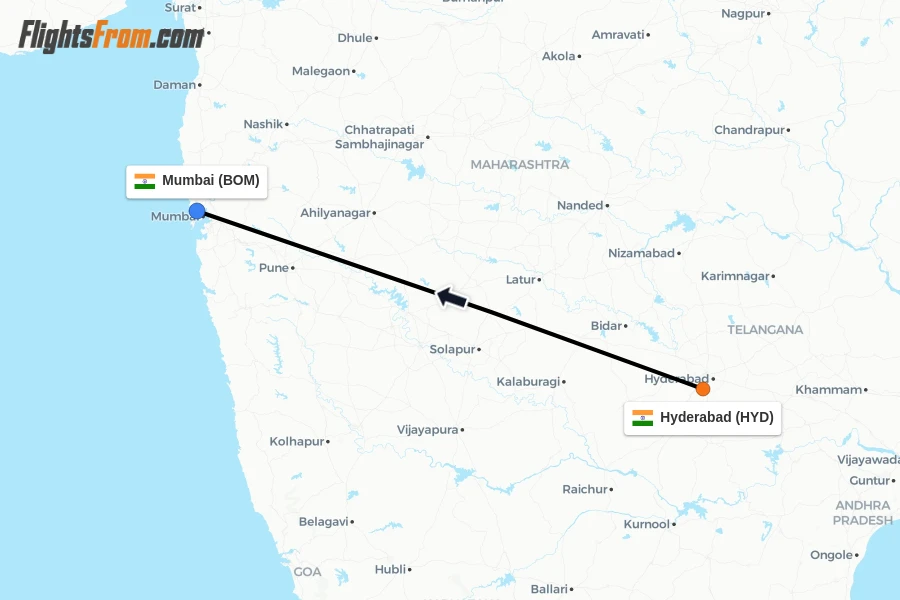 Flights from Hyderabad to Mumbai route map