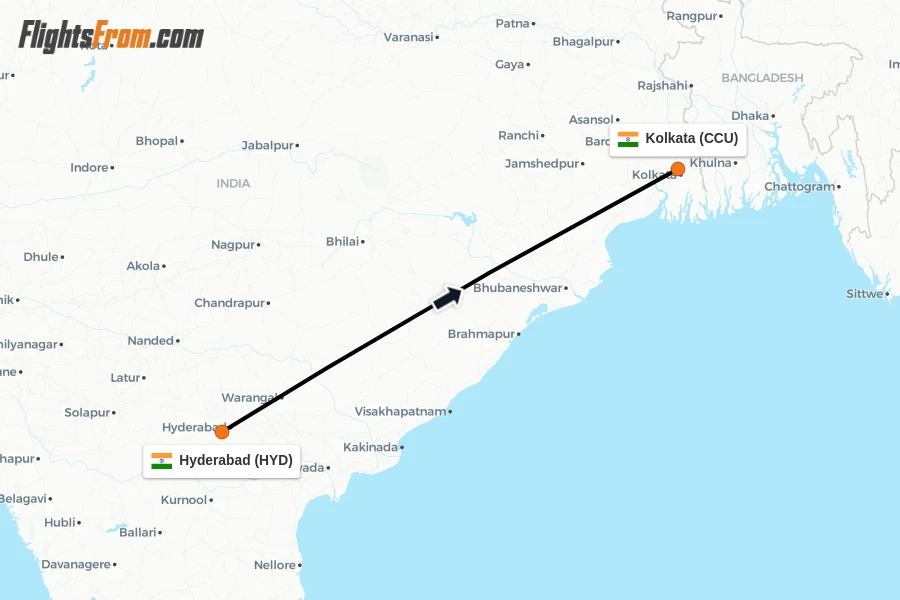 Flights from Hyderabad to Kolkata route map