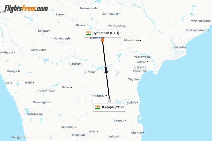 Flights from Hyderabad to Kadapa route map