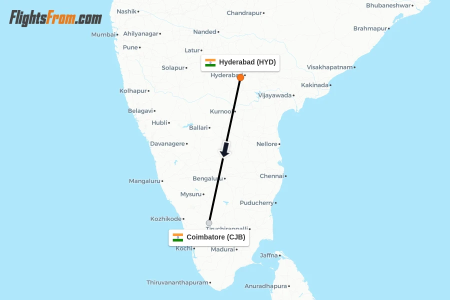 Flights from Hyderabad to Coimbatore route map