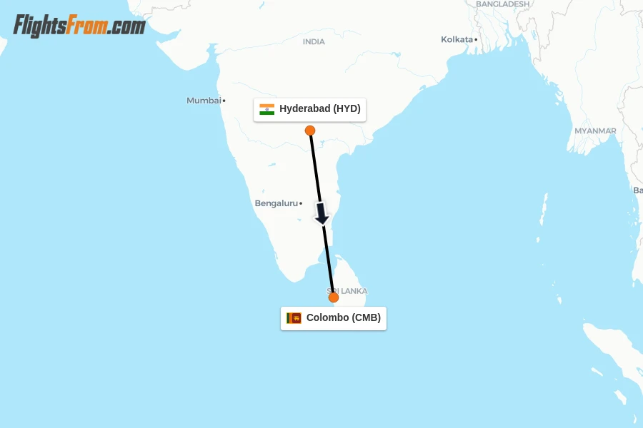 Flights from Hyderabad to Colombo route map