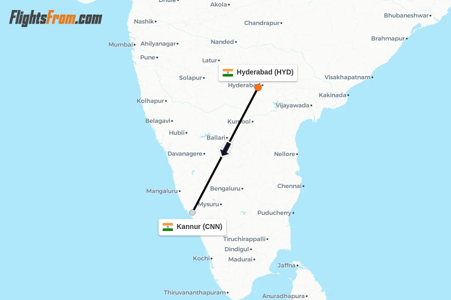 Flights from Hyderabad to Kannur route map