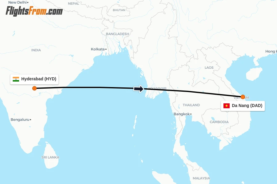 Flights from Hyderabad to Da Nang route map