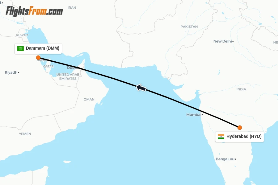 Flights from Hyderabad to Dammam route map