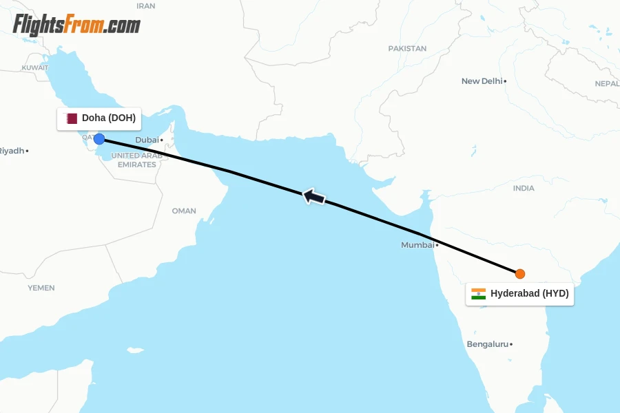 Flights from Hyderabad to Doha route map