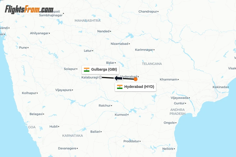 Flights from Hyderabad to Gulbarga route map