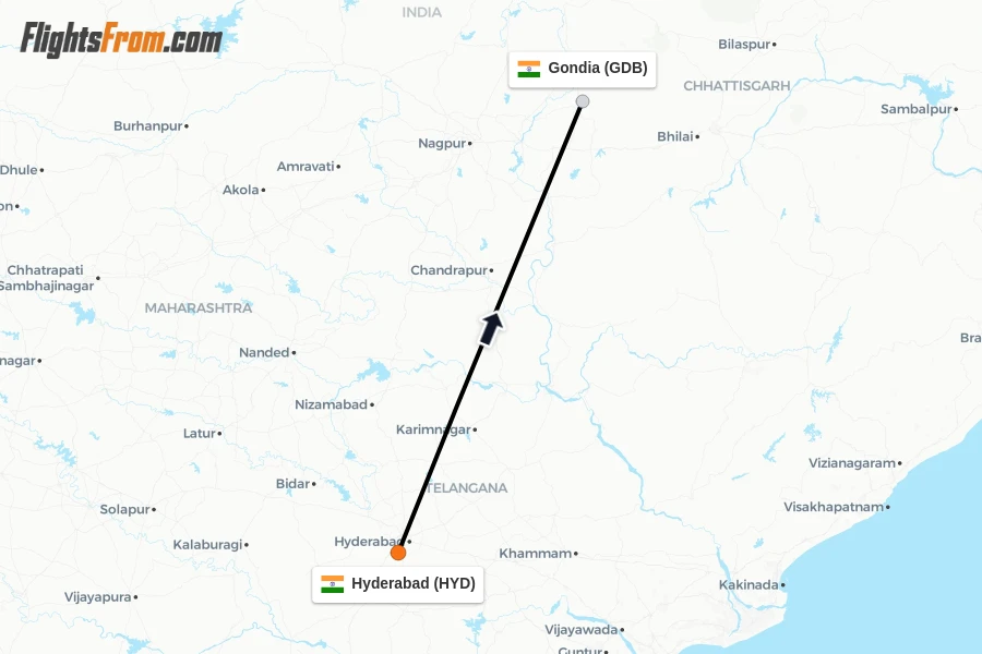 Flights from Hyderabad to Gondia route map