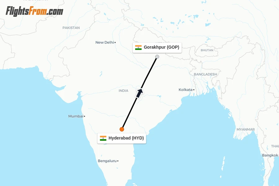 Flights from Hyderabad to Gorakhpur route map