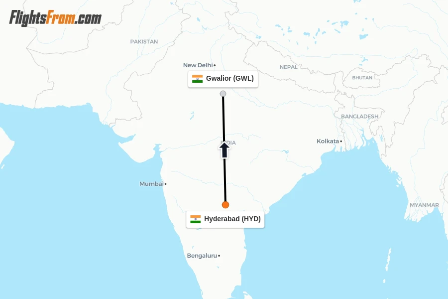 Flights from Hyderabad to Gwalior route map