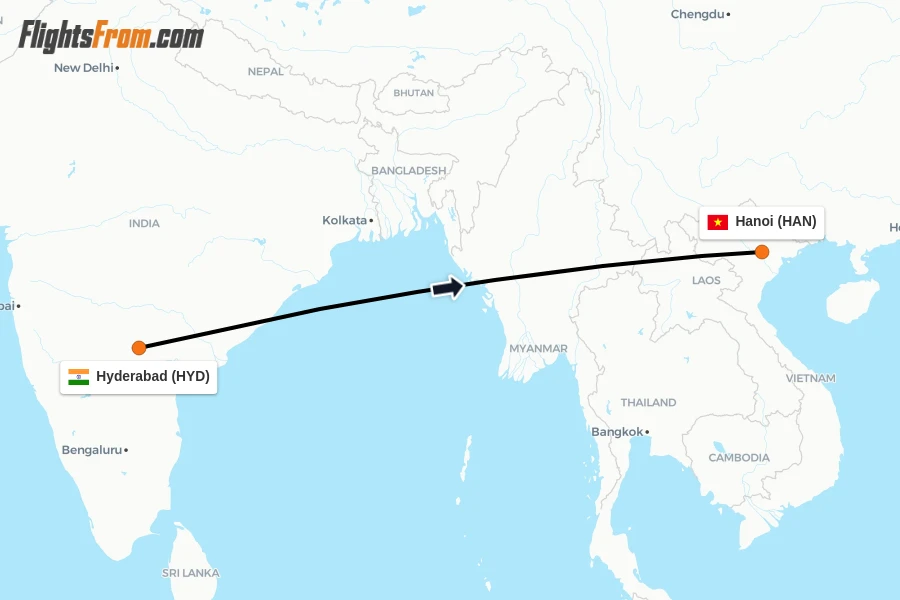 Flights from Hyderabad to Hanoi route map