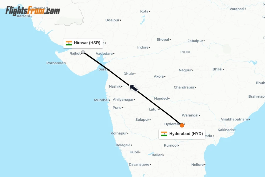 Flights from Hyderabad to Hirasar route map