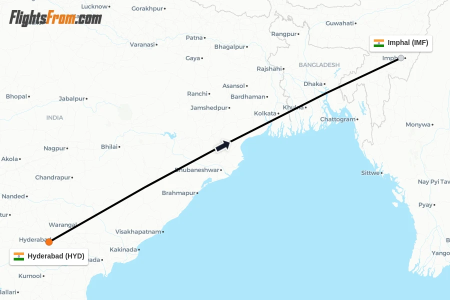 Flights from Hyderabad to Imphal route map