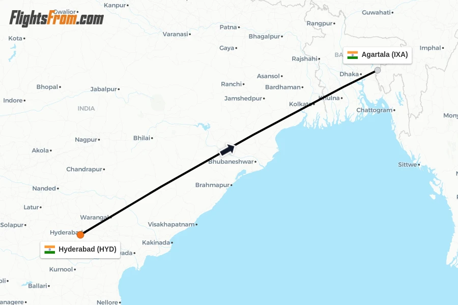 Flights from Hyderabad to Agartala route map