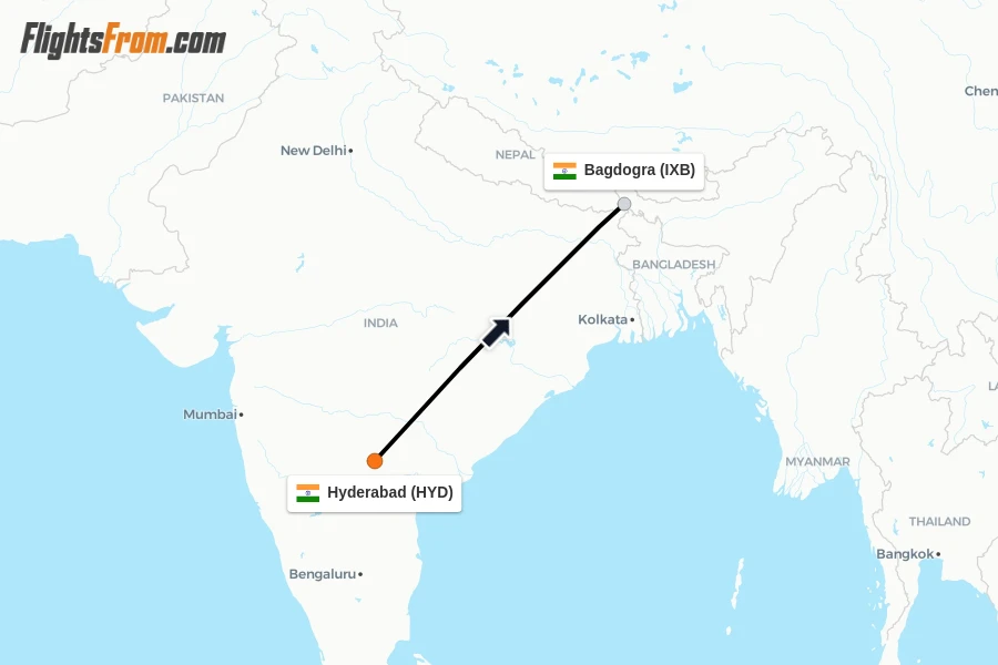 Flights from Hyderabad to Bagdogra route map